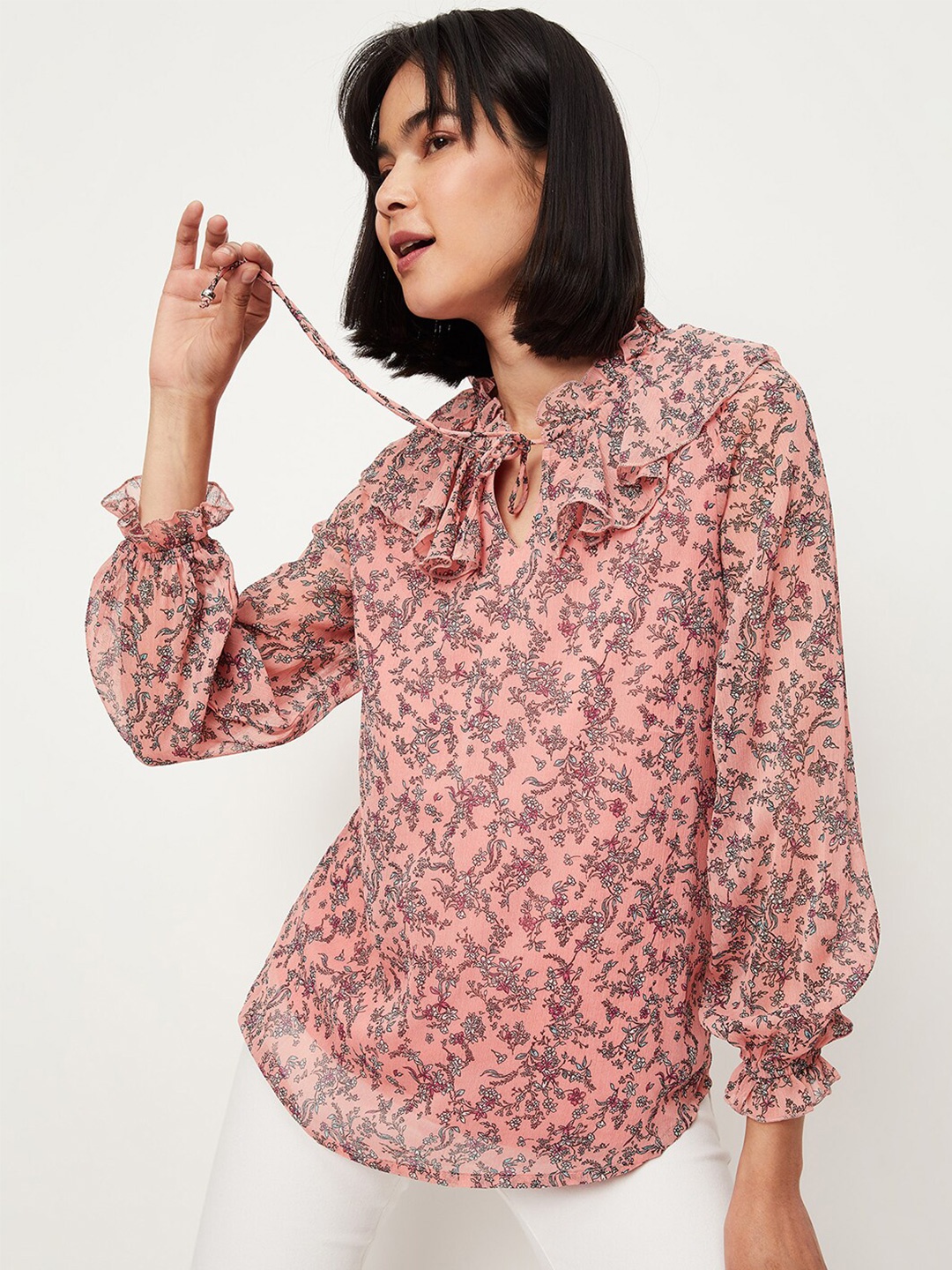 

max Floral Printed Tie Up Neck Bell Sleeves Top, Peach