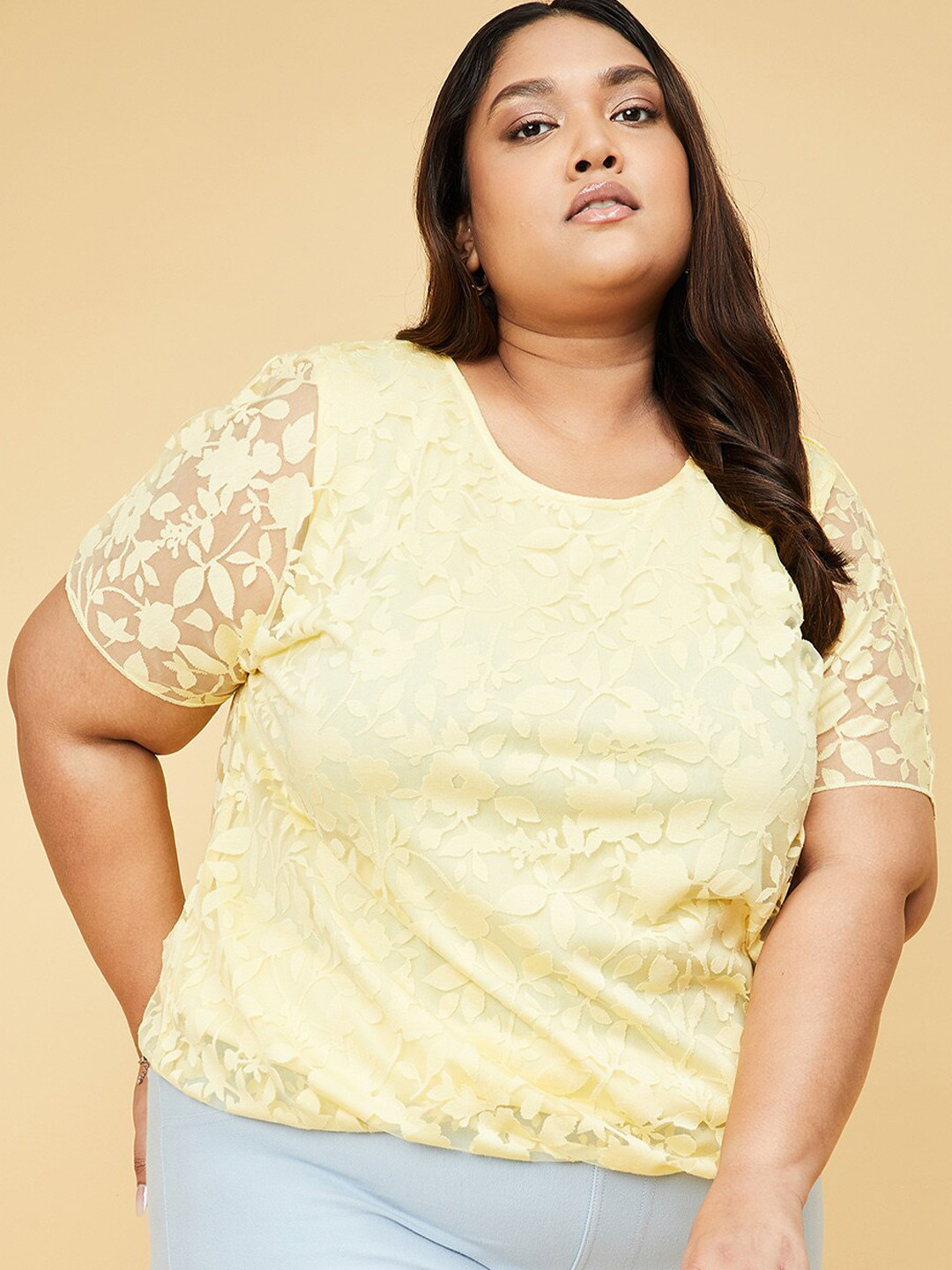 

max Plus Size Self Design Round Neck Cotton Top, Yellow