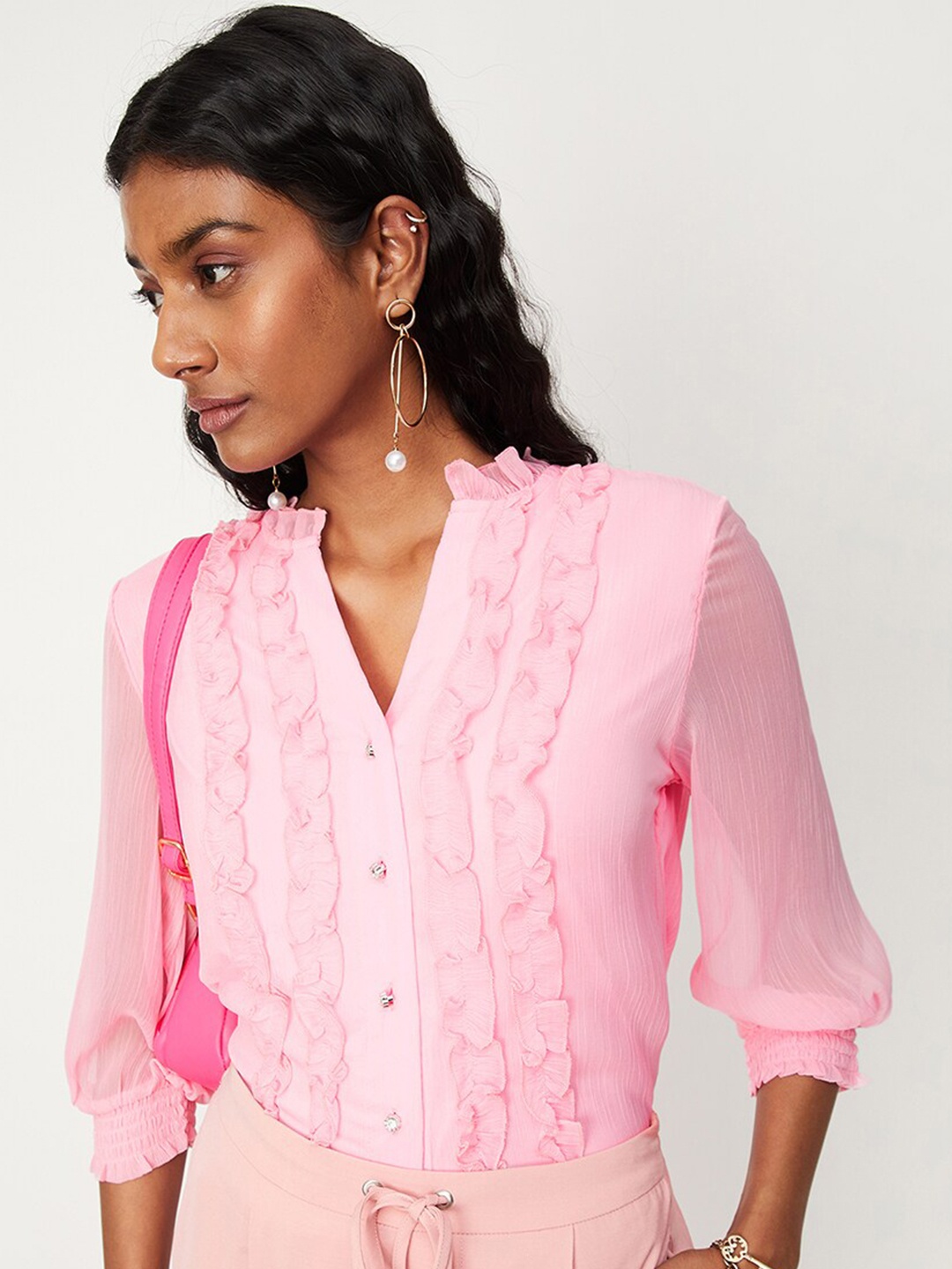 

max Mandarin Collar Puff Sleeves Top, Purple