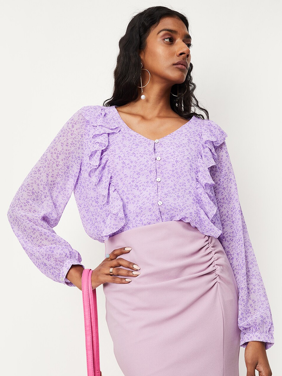 

max Floral Printed V-Neck Ruffles Cuffed Sleeves Cotton Top, Lavender