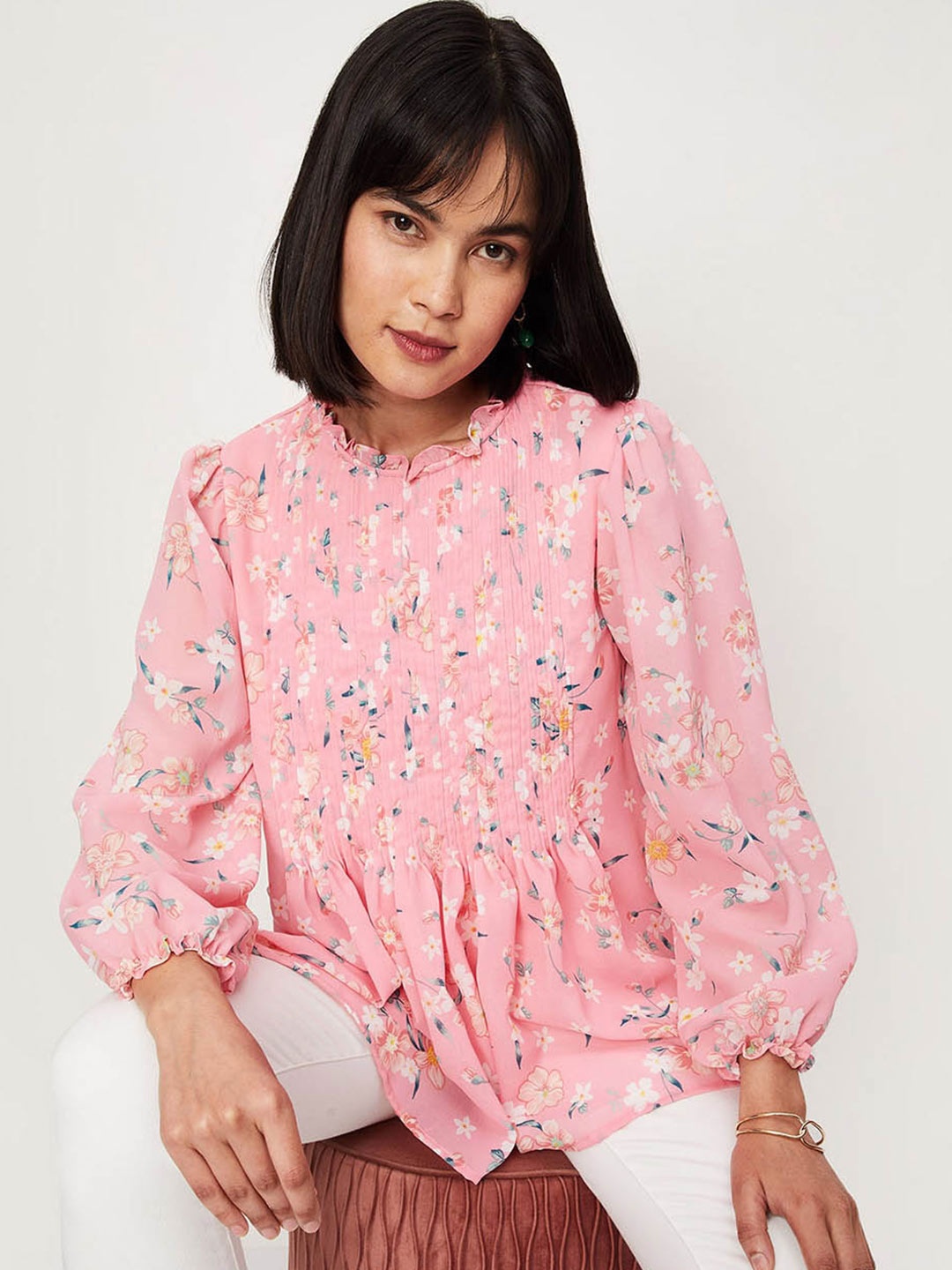 

max Floral Printed High Neck Gathers Puff Sleeves Top, Pink