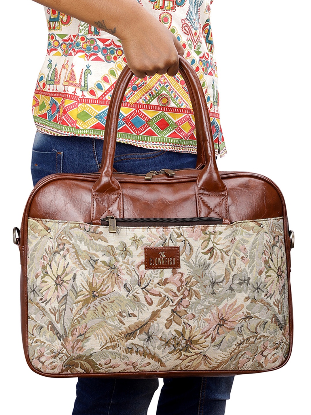 

THE CLOWNFISH Deborah Floral Printed Laptop Bag, Beige