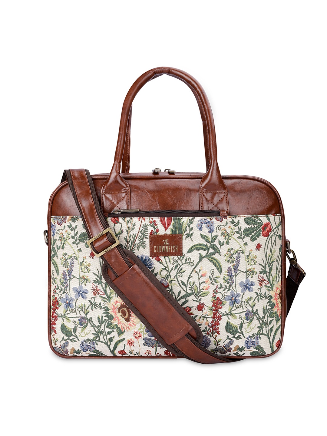 

THE CLOWNFISH Floral Printed Tapestry Fabric Laptop Bag, Off white