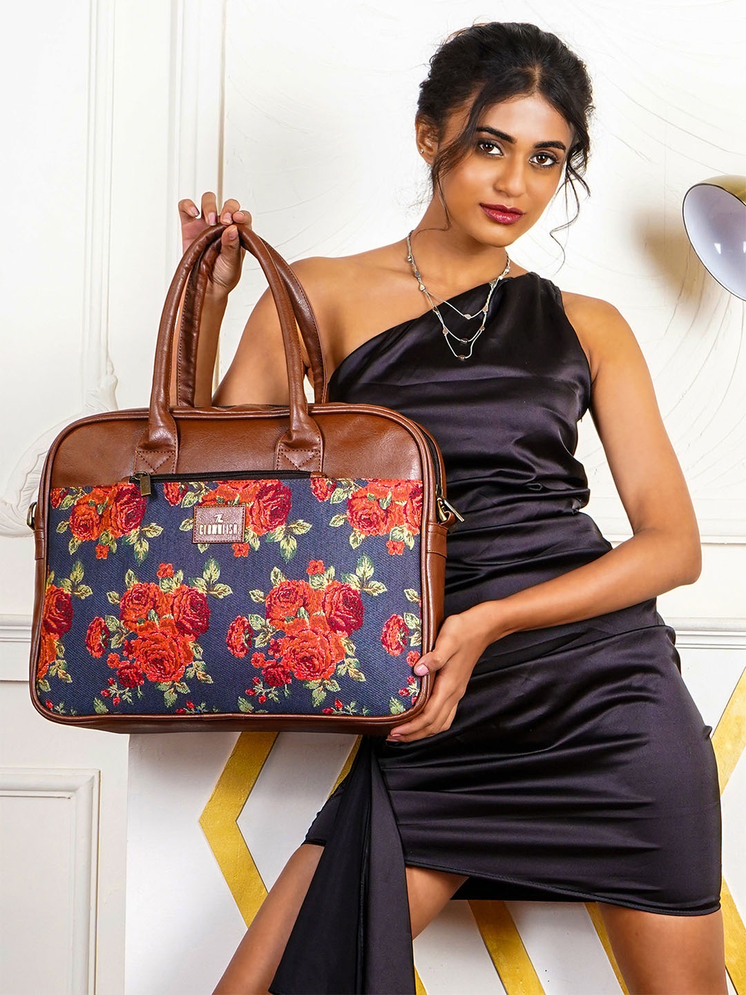 

THE CLOWNFISH Deborah Floral Printed Fabric Laptop Bag, Navy blue