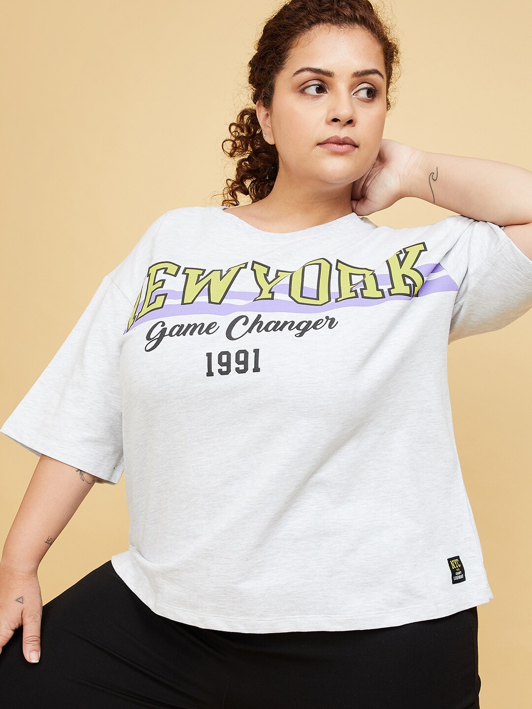 

max Plus Size Typography Printed Regular Fit Round Neck T-shirt, Grey melange