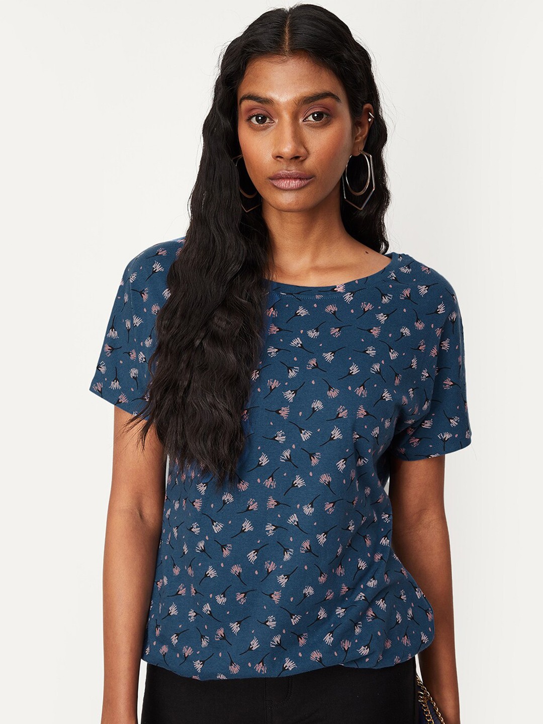 

max Ditsy Floral Printed Short Sleeve Round Neck Pure Cotton T-shirt, Teal