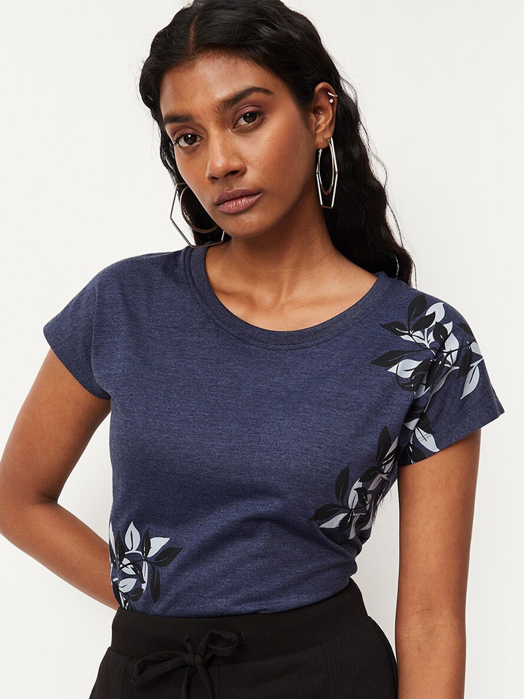 

max Floral Printed Short Sleeve Round Neck Pure Cotton T-shirt, Blue