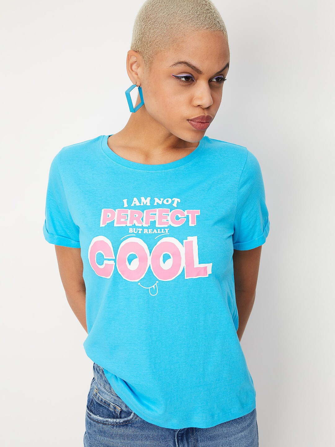 

max Typography Printed Pure Cotton T-shirt, Blue