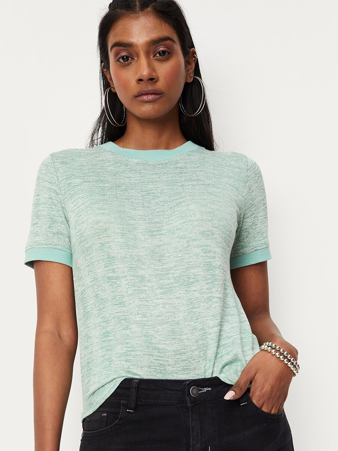 

max Self Design Round Neck T-shirt, Green