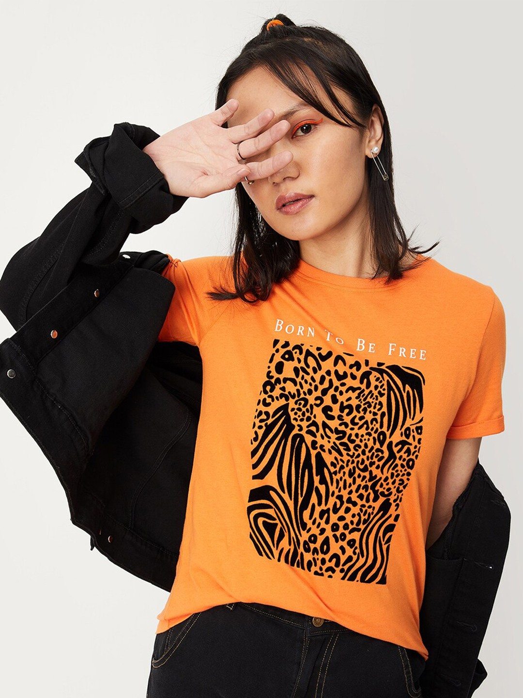 

max Animal Printed Short Sleeve Round Neck Pure Cotton T-shirt, Orange