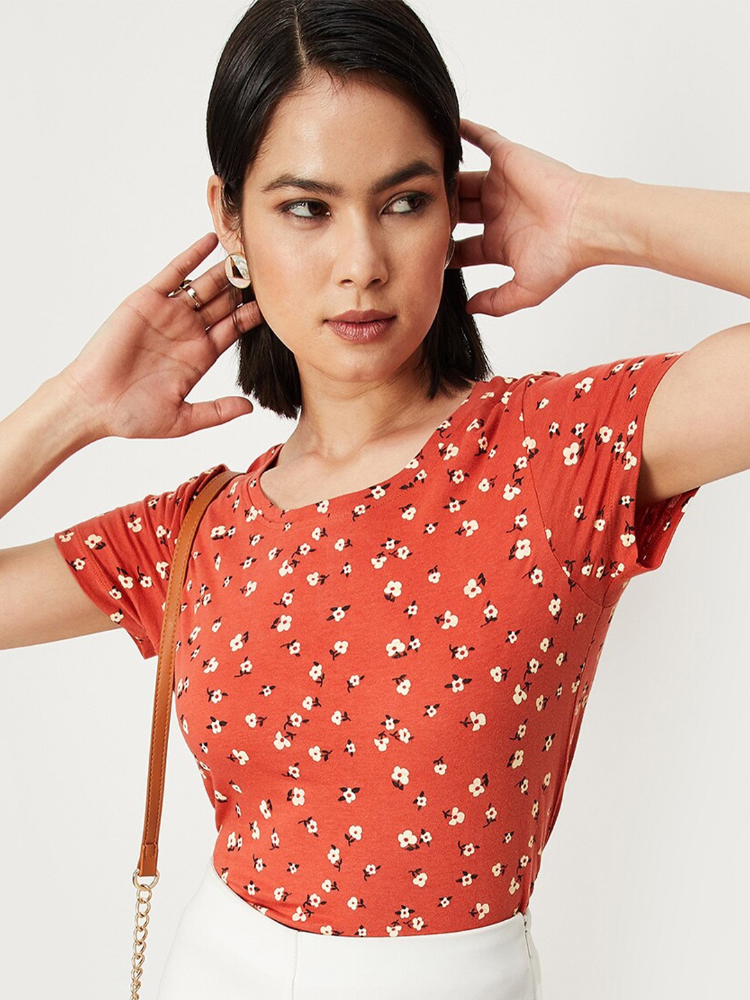 

max Floral Printed Round Neck T-shirt, Orange