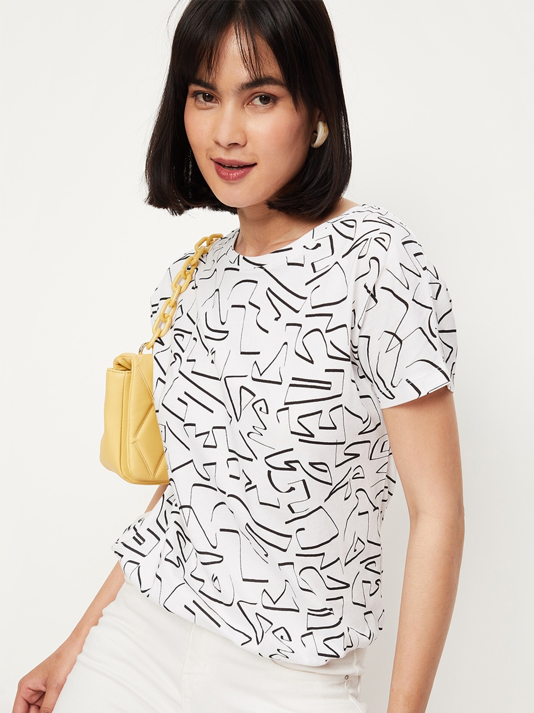 

max Women Abstract Printed Monochrome Round Neck Pure Cotton T-shirt, White