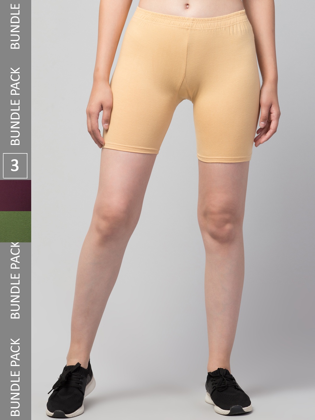 

Apraa & Parma Women Pack Of 3 Mid Rise Skinny Fit Pure Cotton Cycling Shorts, Beige