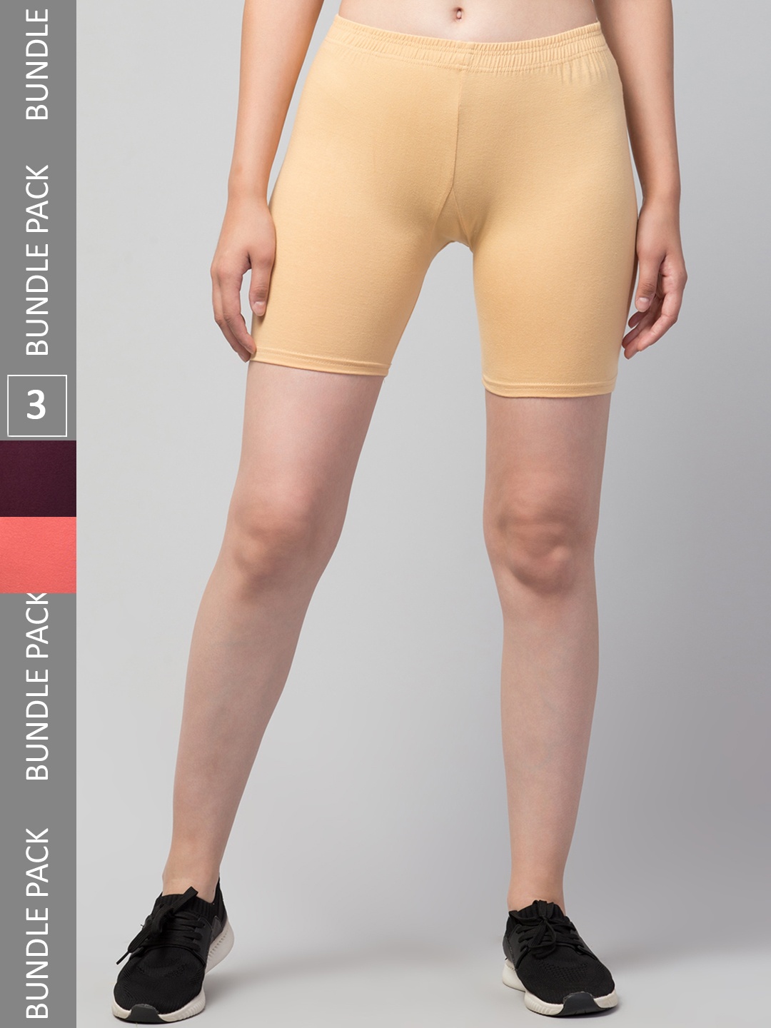 

Apraa & Parma Women Pack Of 3 Cotton Mid-Rise Skinny Fit Cycling Shorts, Beige