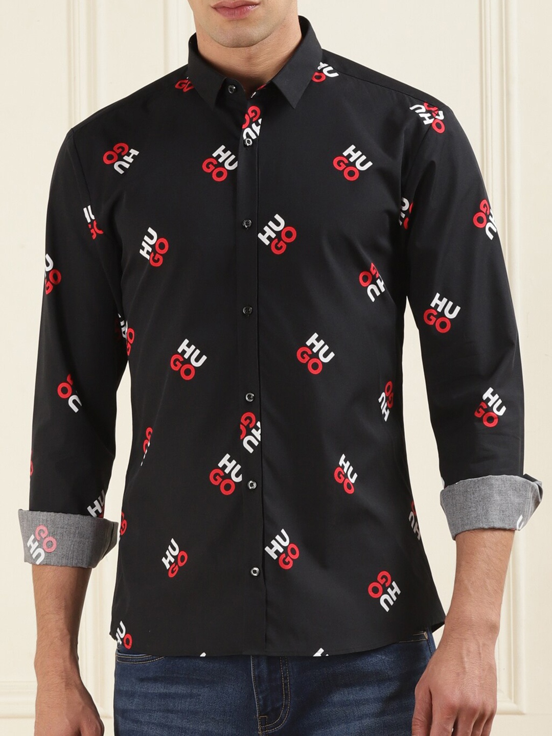

HUGO Brand Logo Printed Cotton Casual Shirt, Black