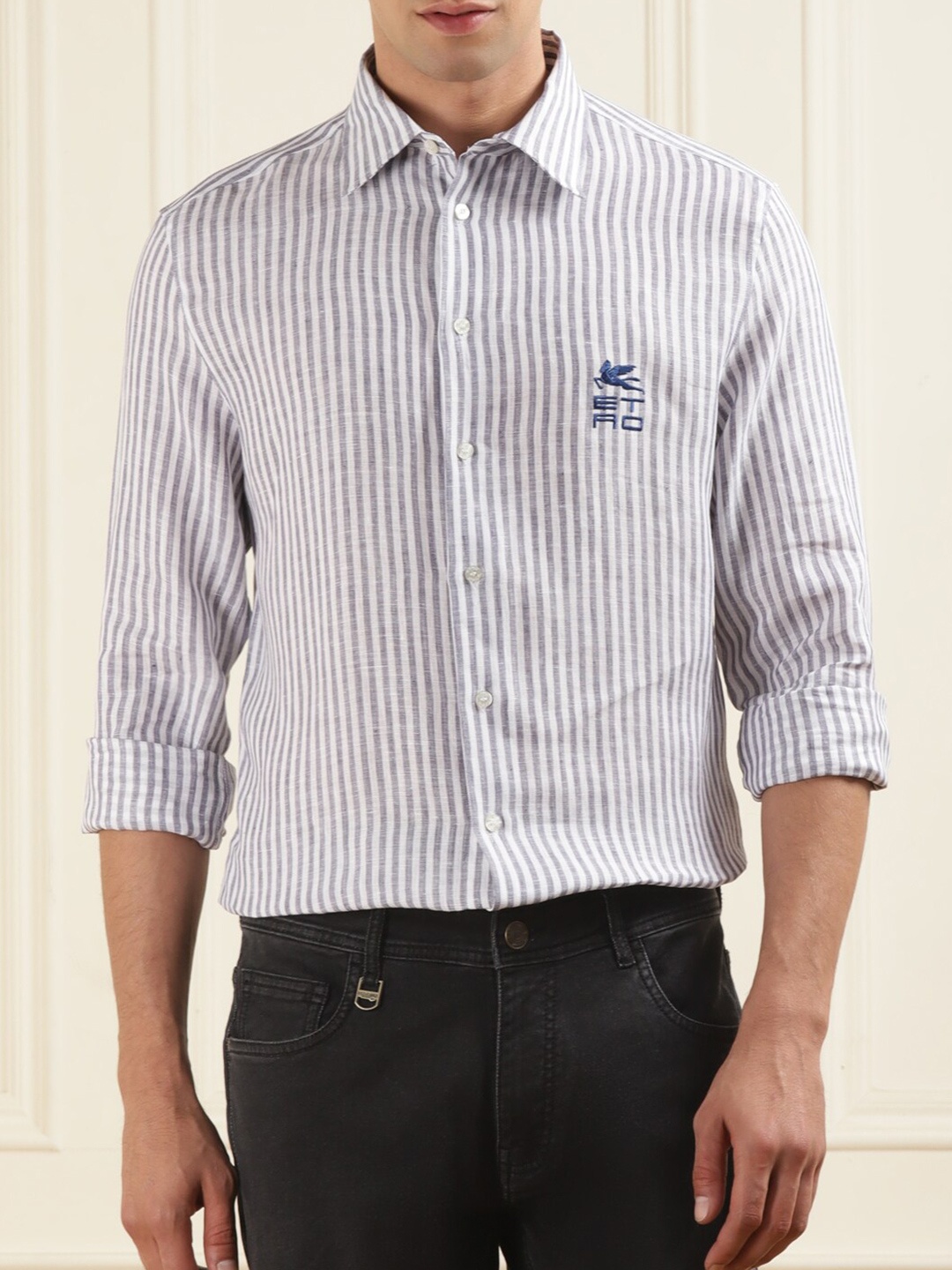 

ETRO Vertical Striped Casual Cotton Shirt, Grey