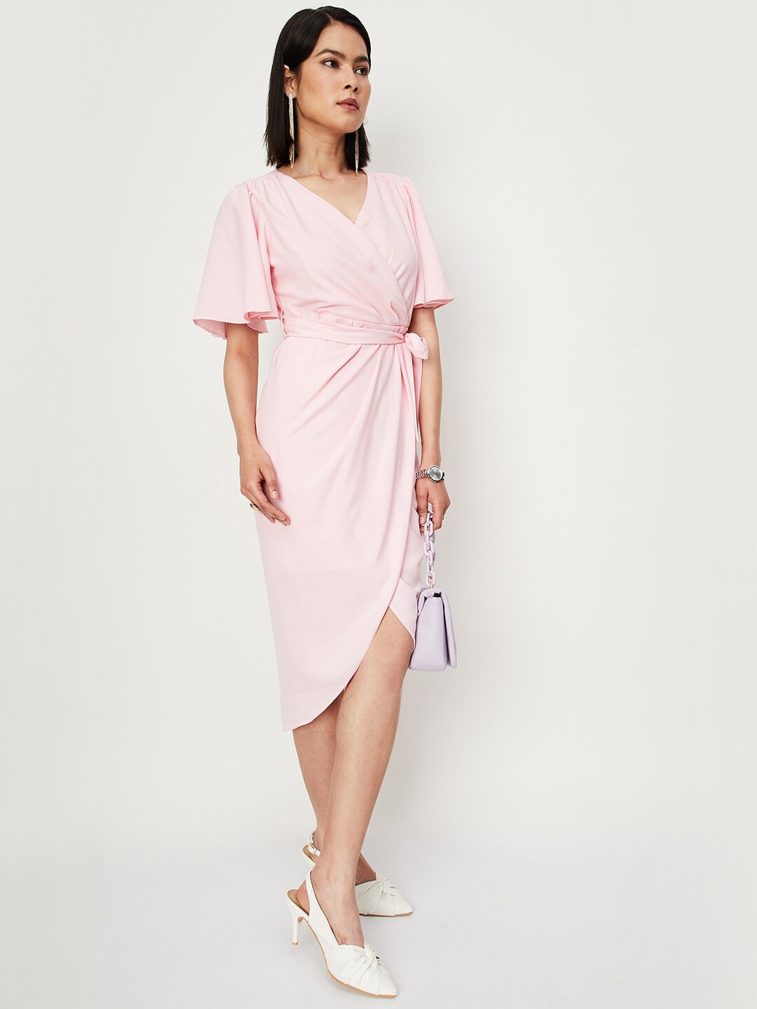 

max Flared Sleeves Tie-Up Detail Tulip Wrap Dress, Pink