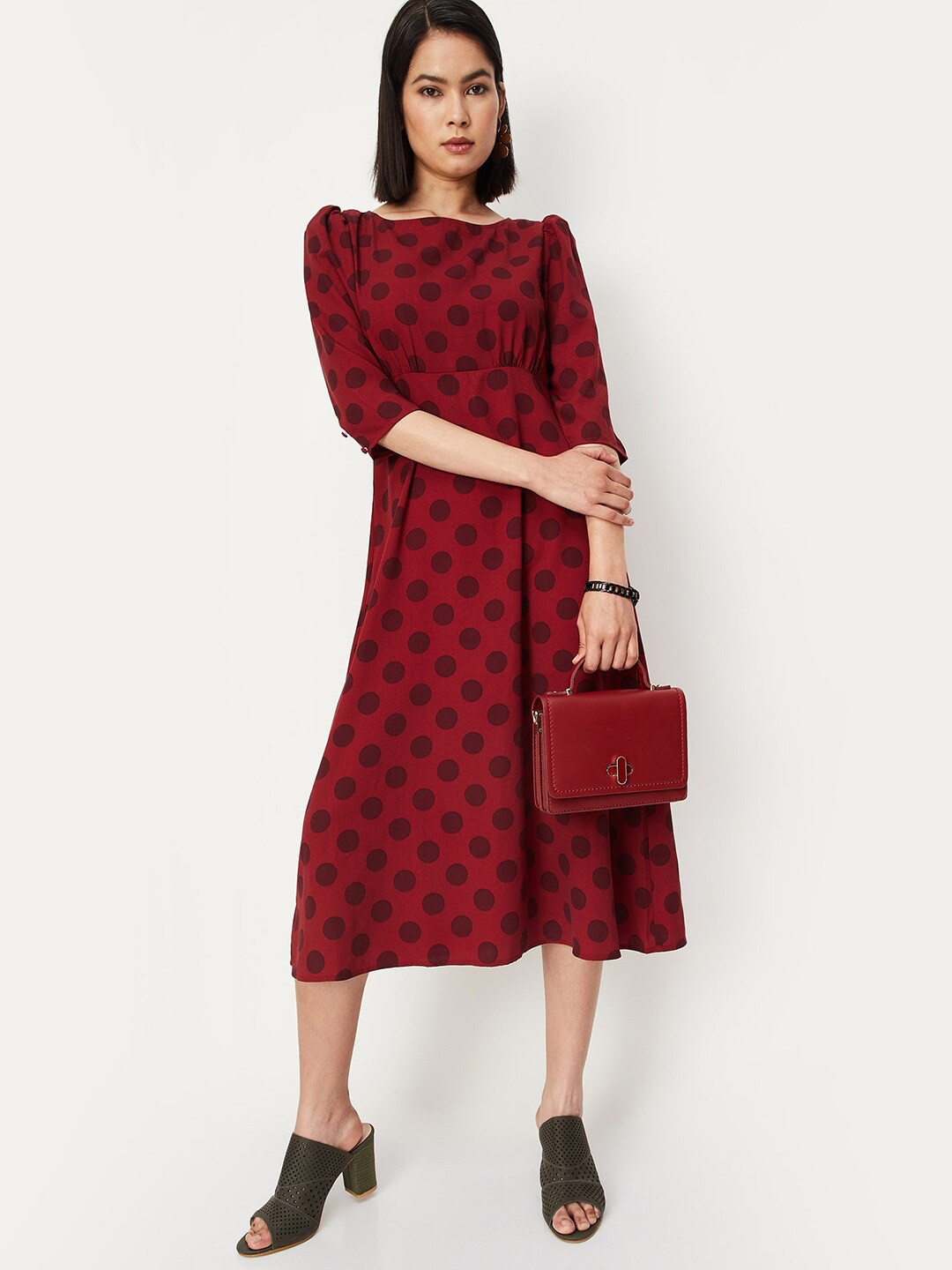 

max Puff Sleeves Polka Dots Printed A-Line Dress, Maroon