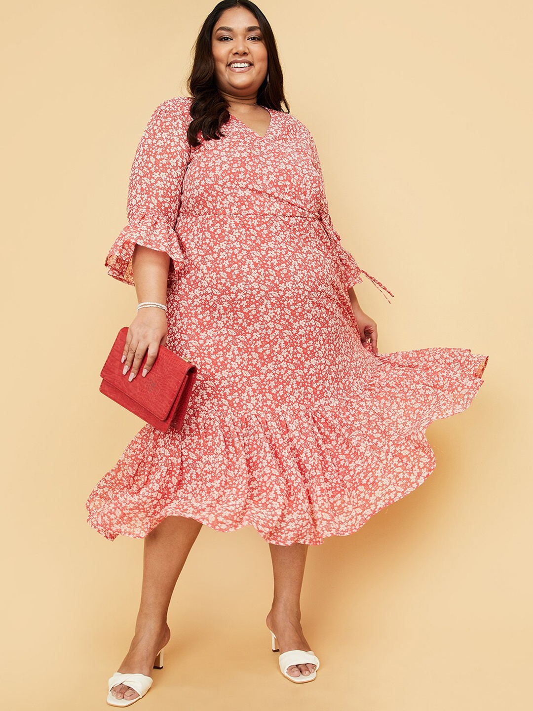 

max Plus Size Floral Printed A-Line Midi Dress, Red