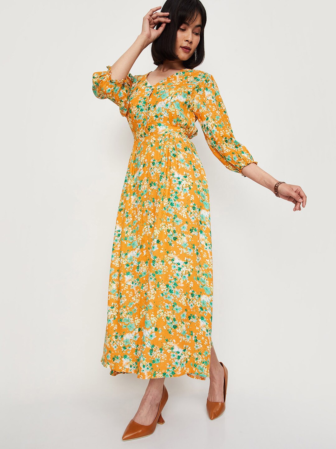 

max Floral Printed Puff Sleeves Tie-Up Detail V-Neck Midi Fit & Flare Dress, Orange