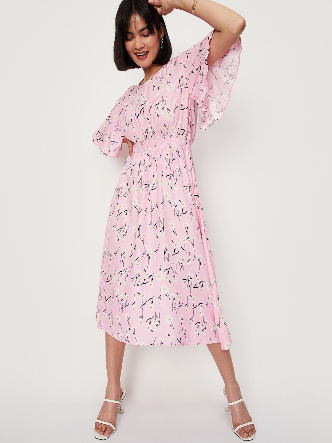 

max V-Neck Flared Sleeves Floral Printed Midi Dress, Pink