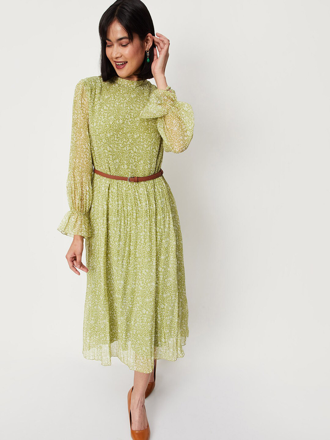 

max Bell Sleeves Midi Dress, Green