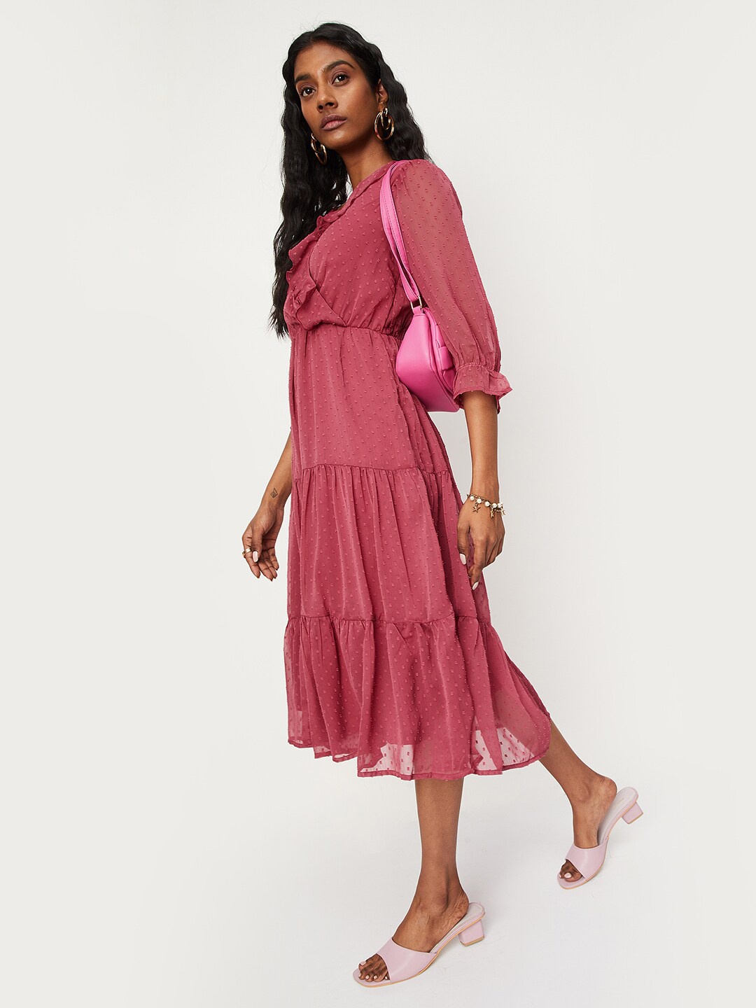 

max Self Design V-Neck Puff Sleeves Fit and Flare Midi Dress, Pink
