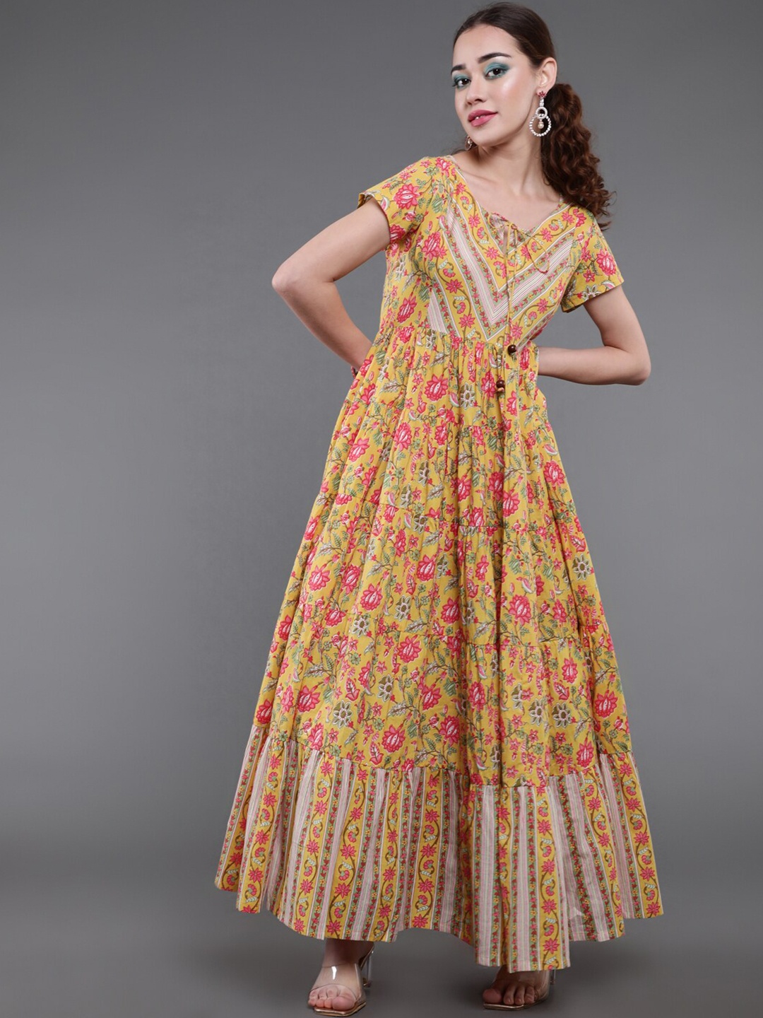 

saubhagya Tie-Up Neck Floral Maxi Ethnic Dress, Yellow