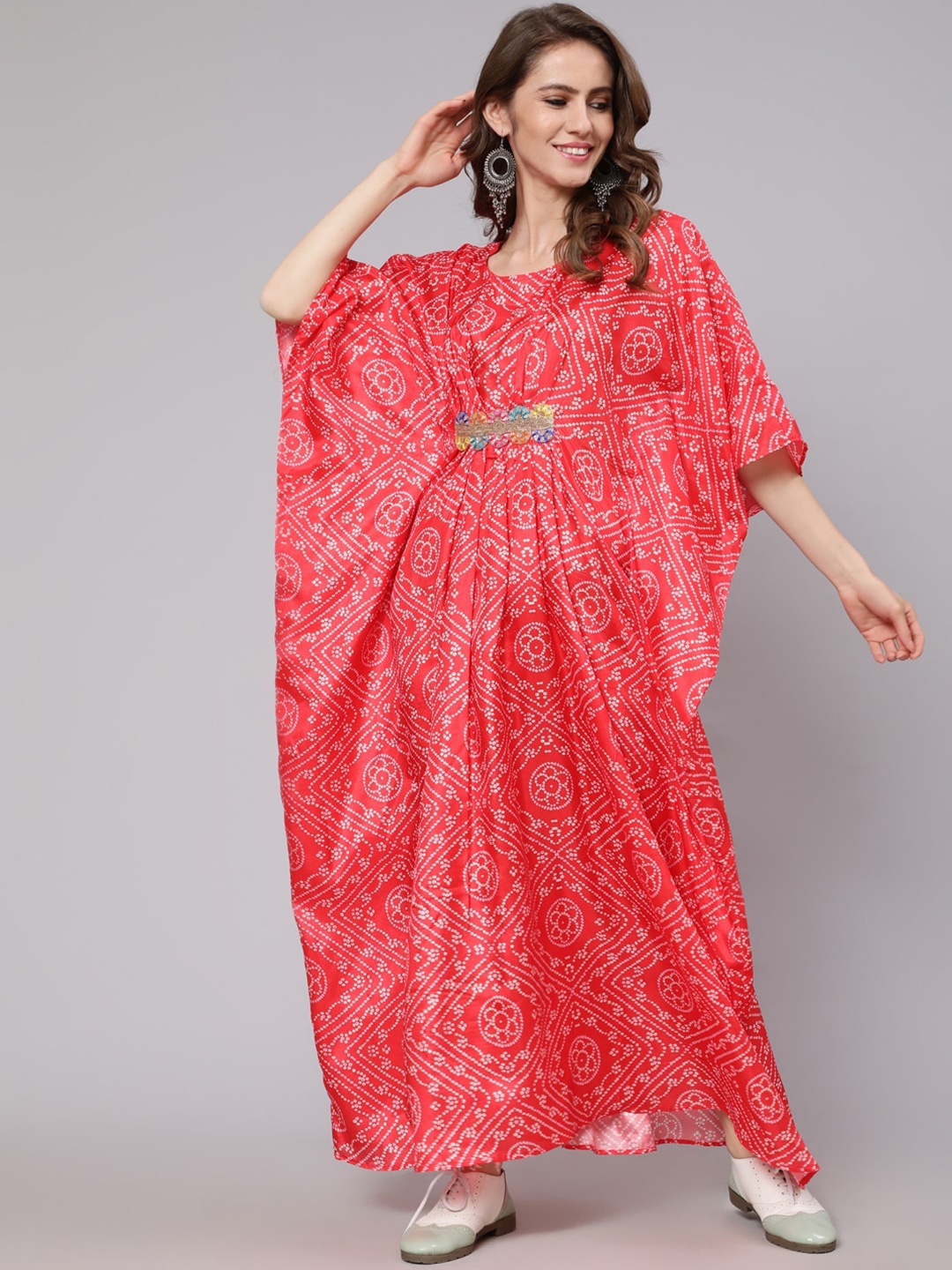 

saubhagya Kimono Sleeves Bandhani Printed Kaftan Ethnic Dress, Red