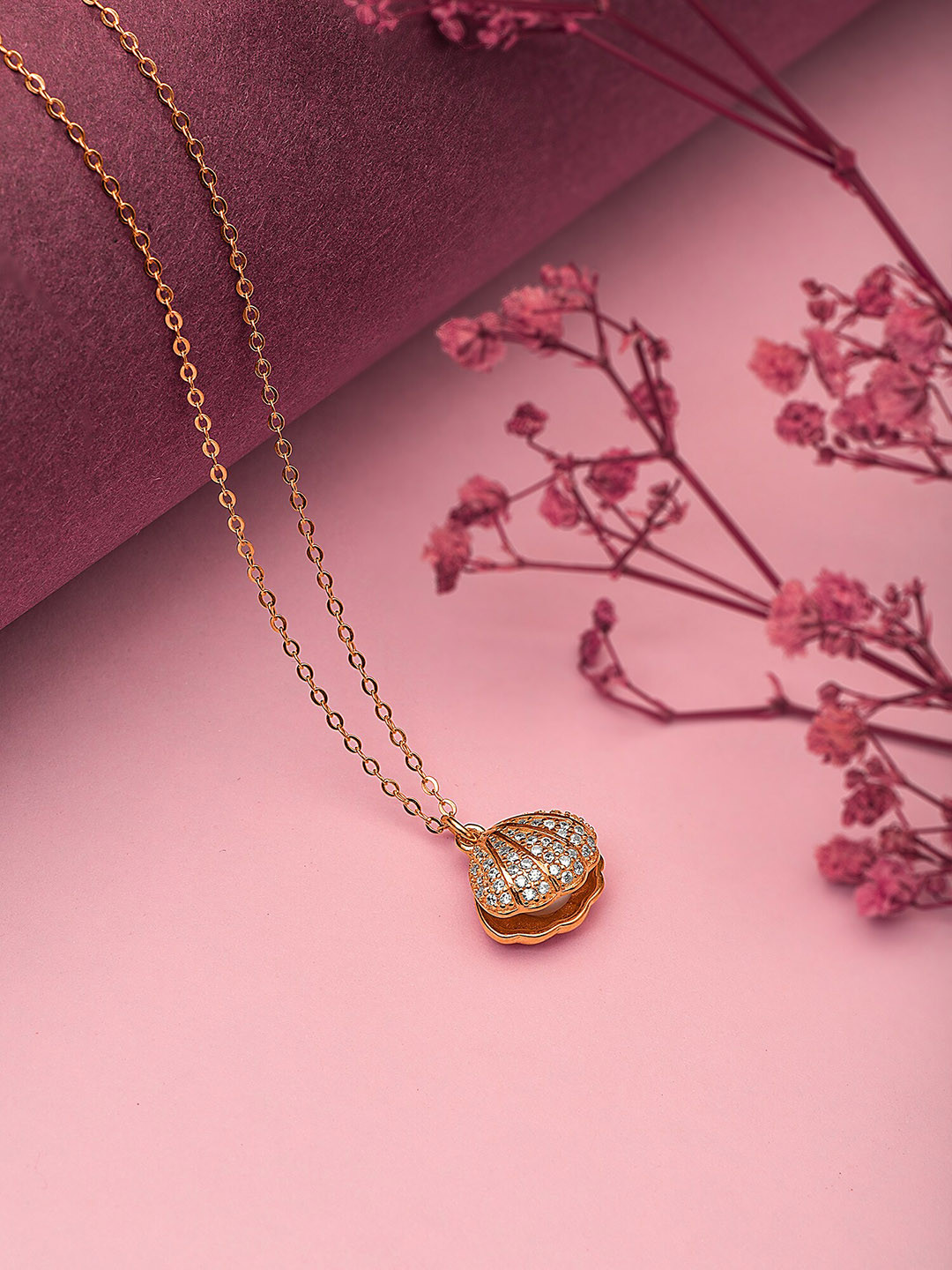

SILBERRY 925 Sterling Silver Rose Gold-Plated CZ-Studded Pendant With Chain, White