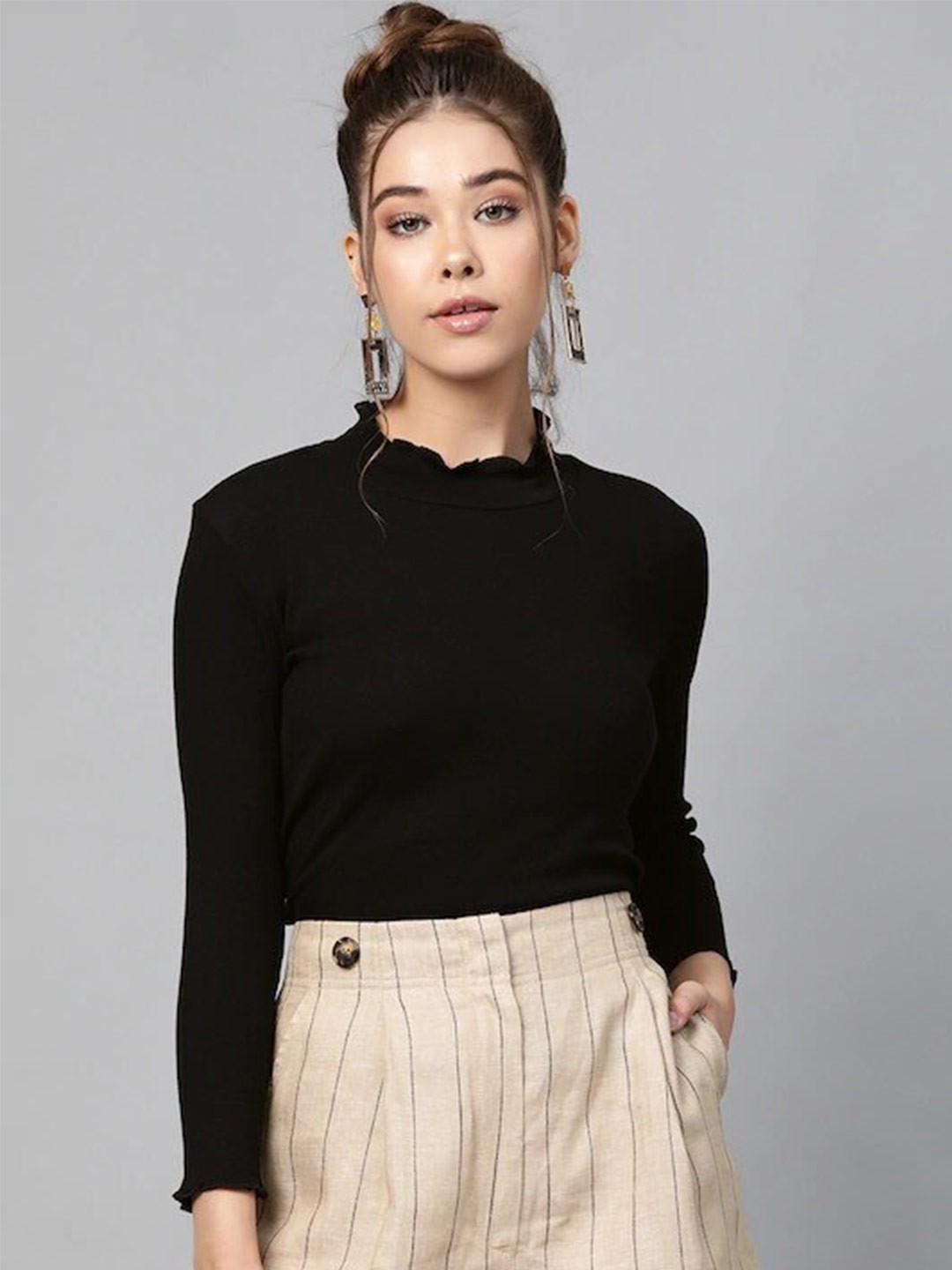 

COLOR CAPITAL High Neck Knitted Top, Black
