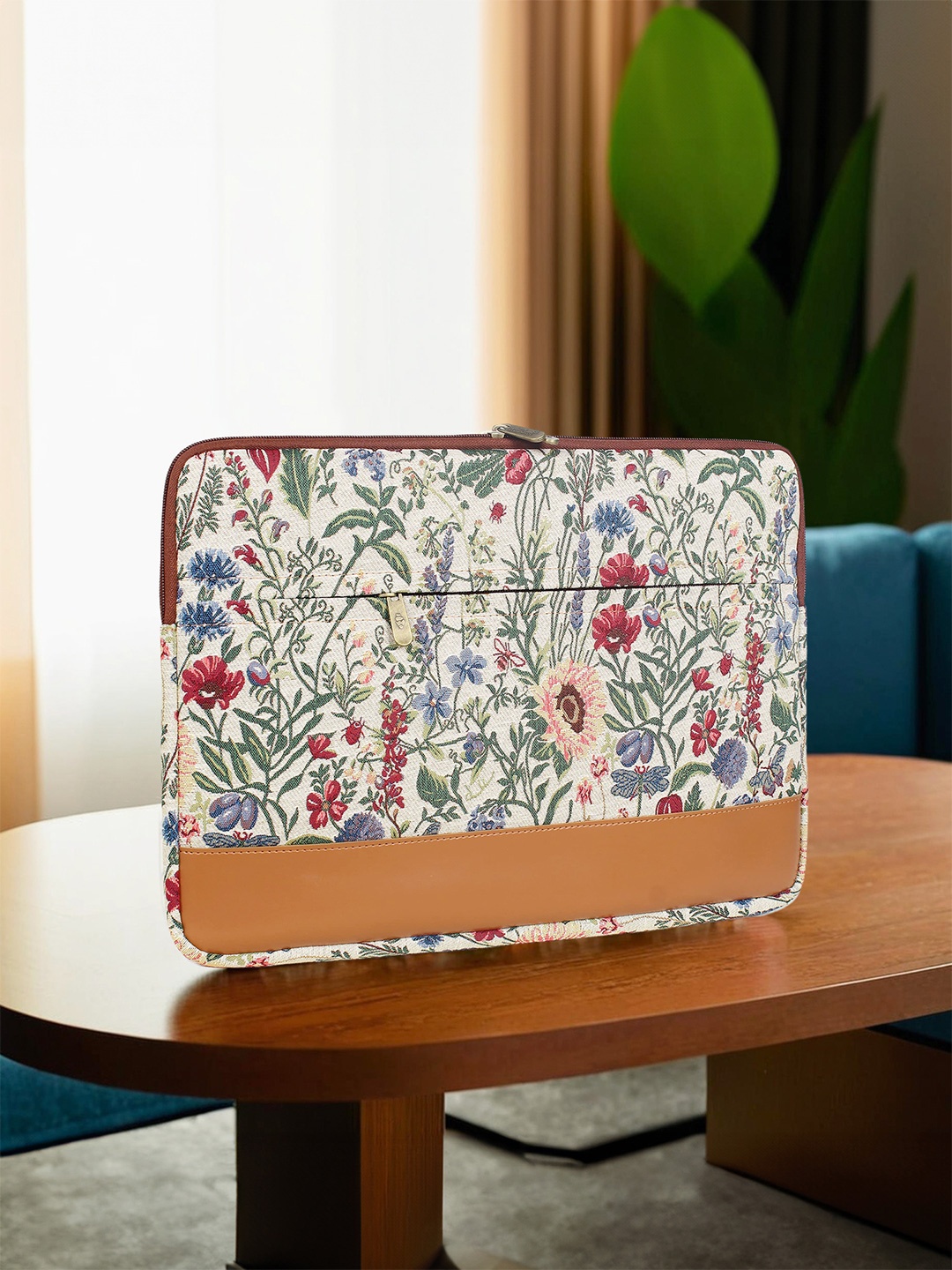 

THE CLOWNFISH Floral Printed Python Flax Laptop Sleeve, White