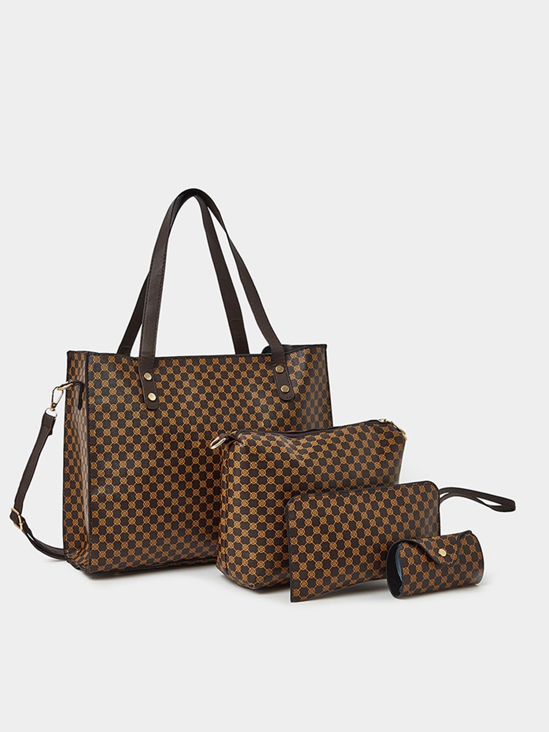 

Styli Set of 4 Patterned Print Tote Bag With Pouch & Eyeglass Case, Brown