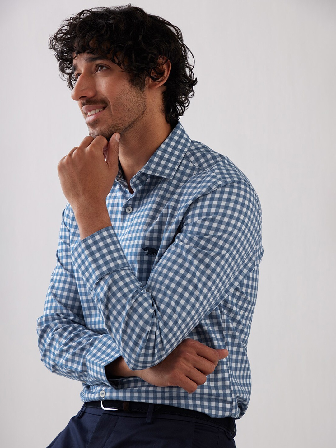

Andamen Gingham Checked Spread Collar Cotton Casual Shirt, Blue