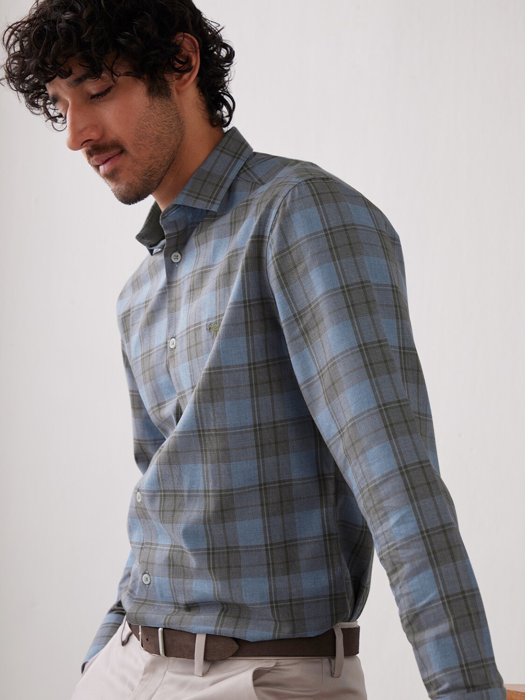 

Andamen Tartan Checked Spread Collar Cotton Casual Shirt, Blue