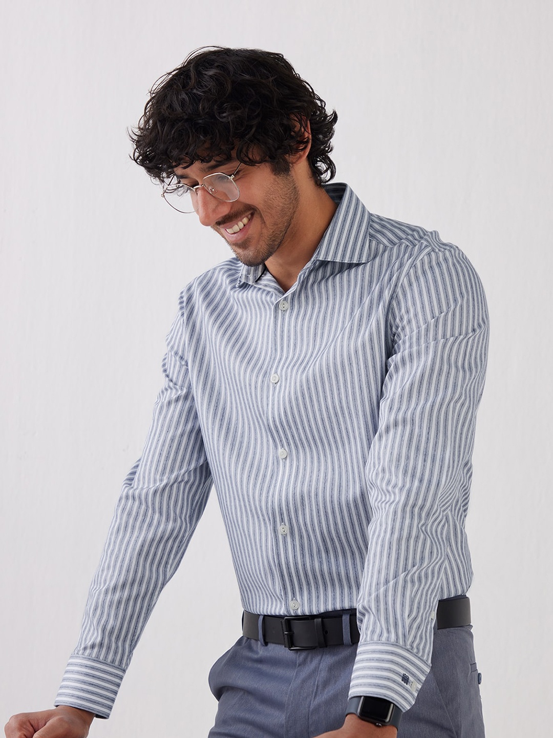 

Andamen Striped Twill Cutaway Collar Cotton Casual Shirt, Grey
