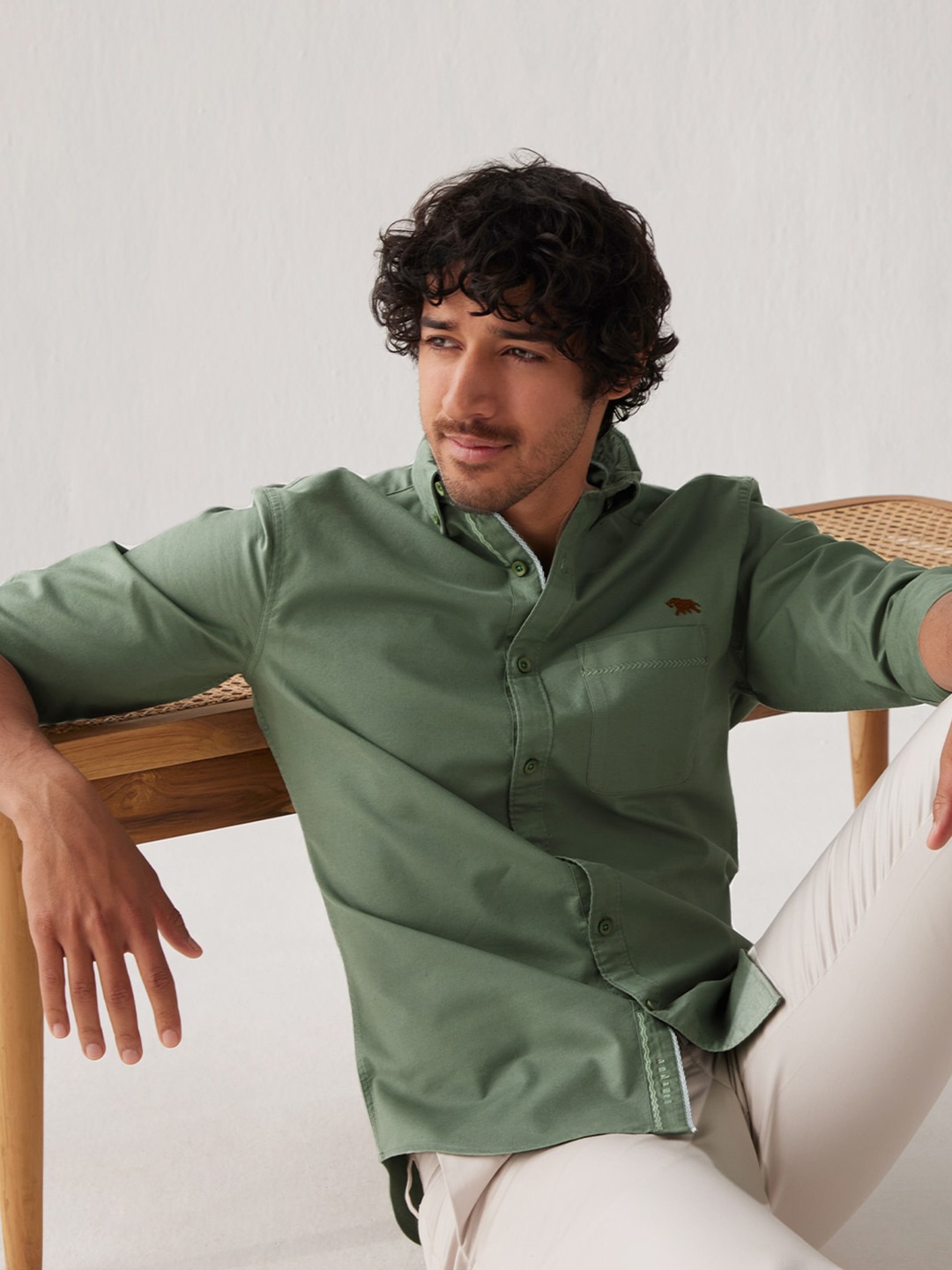 

Andamen Oxford Button-Down Collar Cotton Casual Shirt, Olive