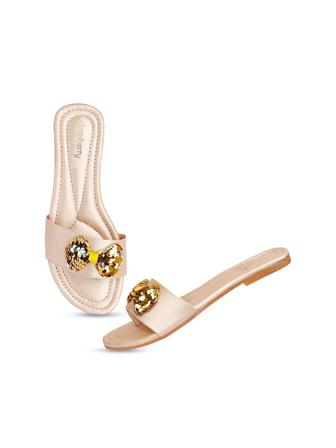 

DressBerry Women Embellished Open Toe Flats With Bows, Gold