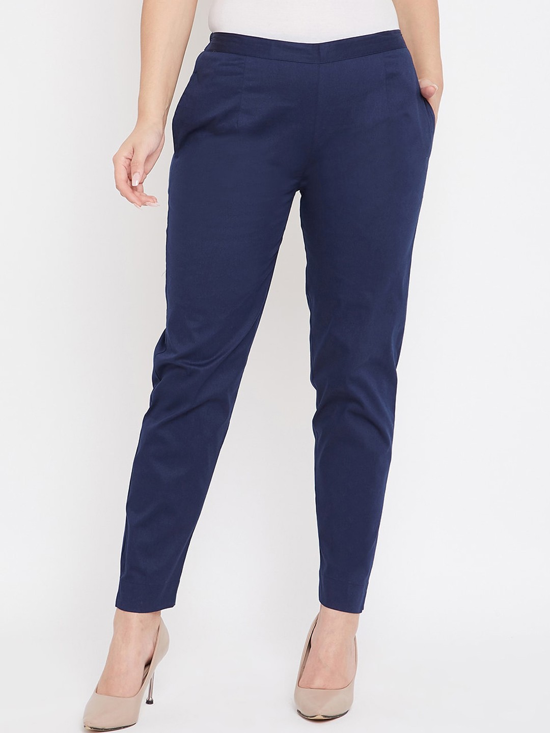 

Castle Lifestyle Women Mid Rise Smart Cotton Slim Fit Trousers, Navy blue
