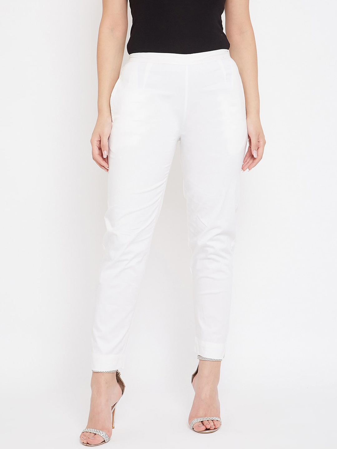 

Castle Lifestyle Women Mid Rise Smart Cotton Slim Fit Trousers, Off white