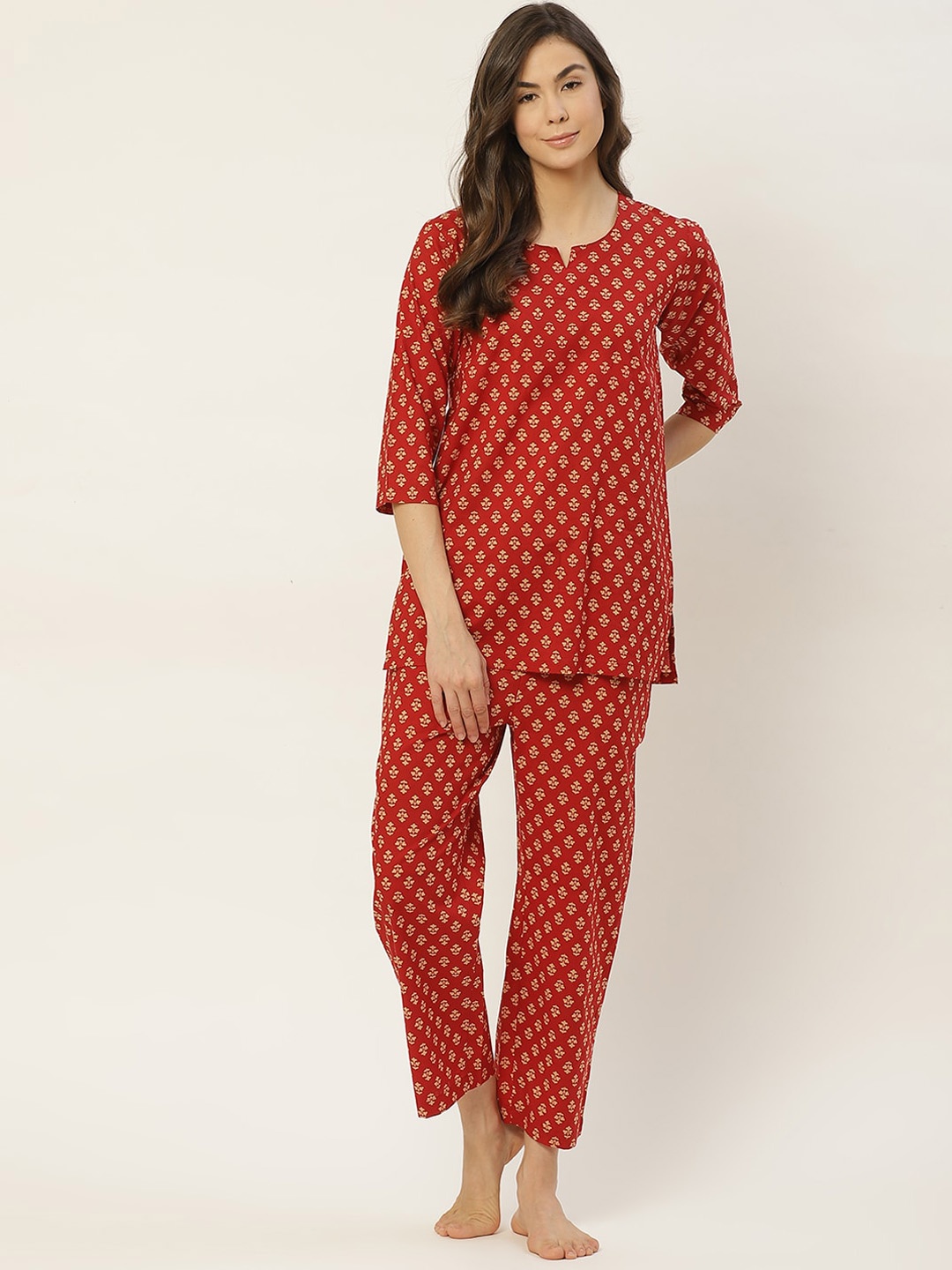 

MBeautiful Plus Size Ethnic Motifs Printed Organic Cotton Night Suit, Maroon