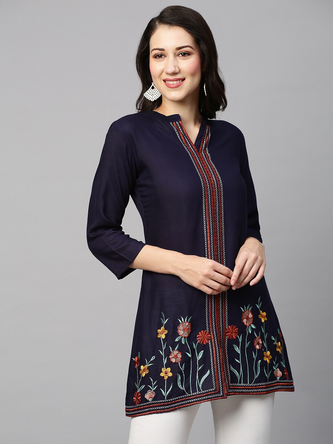 

INDYES Floral Embroidered Mandarin Collar A-Line Kurti, Navy blue