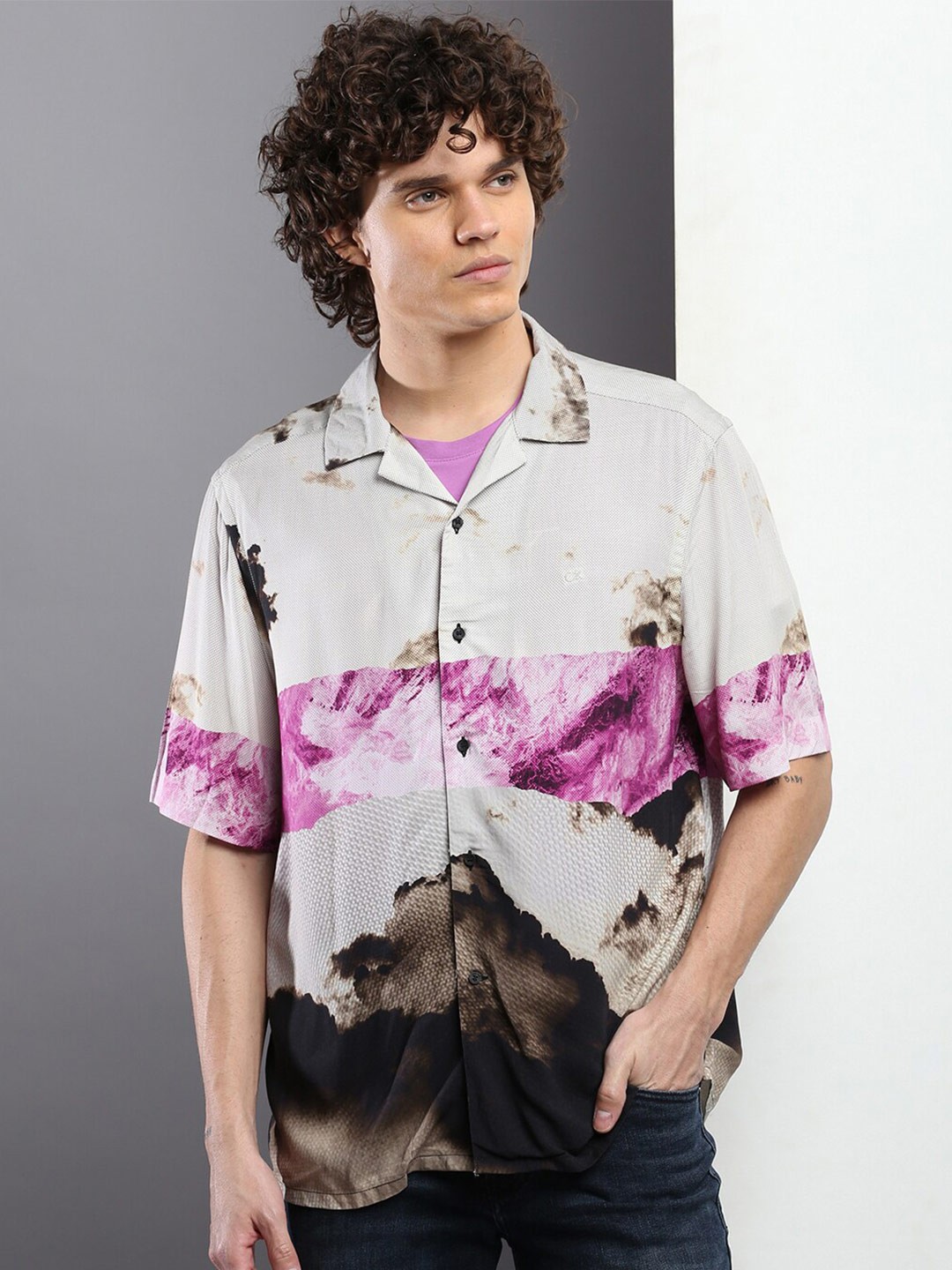 

Calvin Klein Jeans Boxy Abstract Printed Casual Shirt, Beige