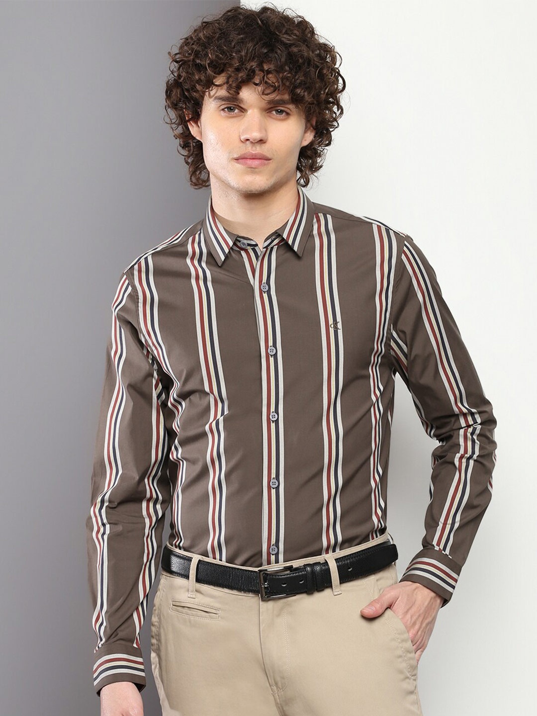 

Calvin Klein Jeans Vertical Striped Slim Fit Formal Pure Cotton Shirt, Olive