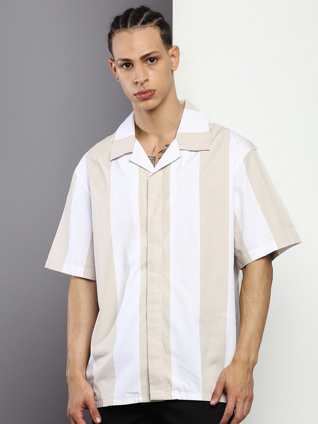 

Calvin Klein Jeans Vertical Striped Casual Cotton Shirt, Beige
