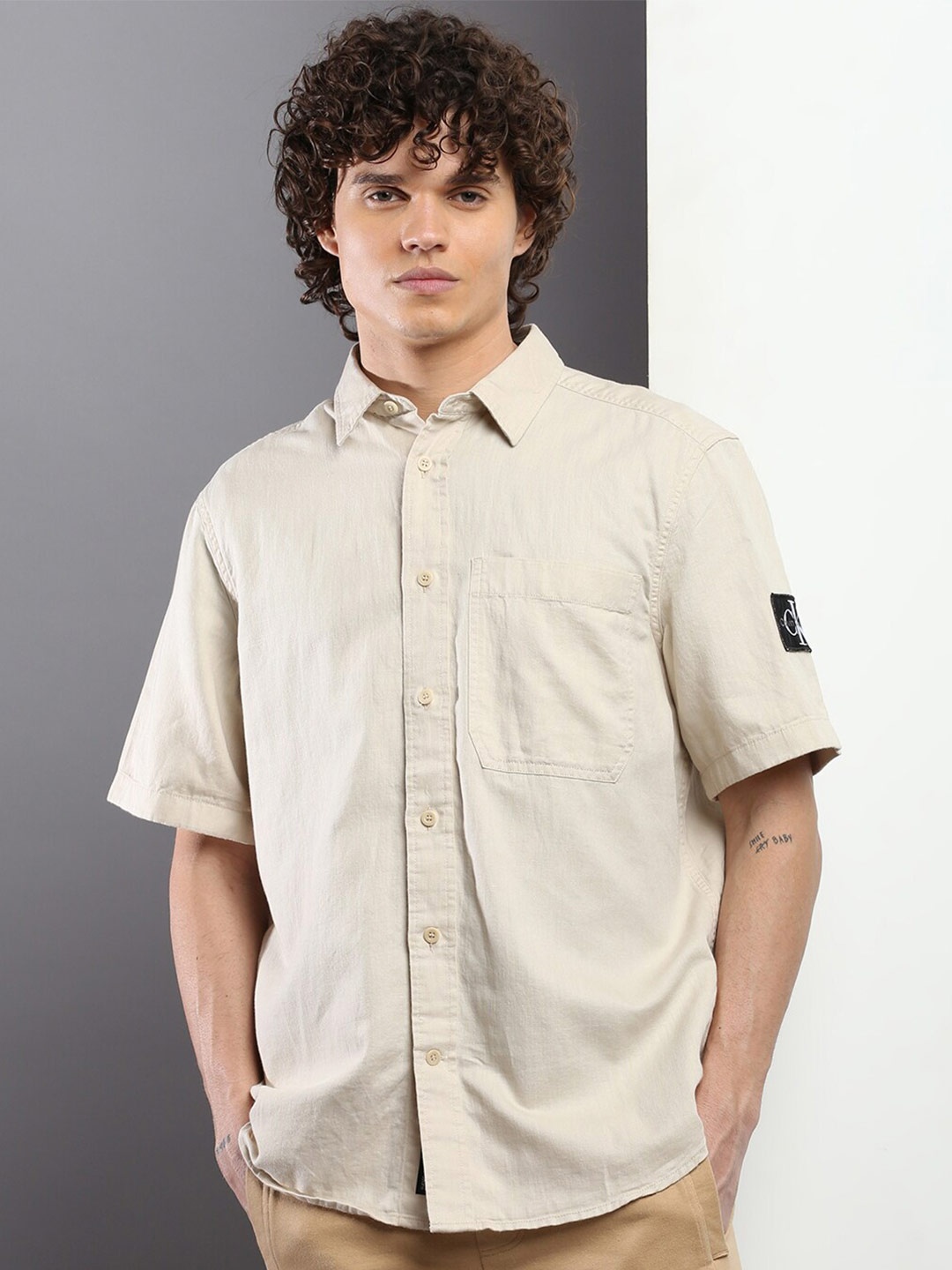 

Calvin Klein Jeans Spread Collar Cotton Linen Casual Shirt, Beige