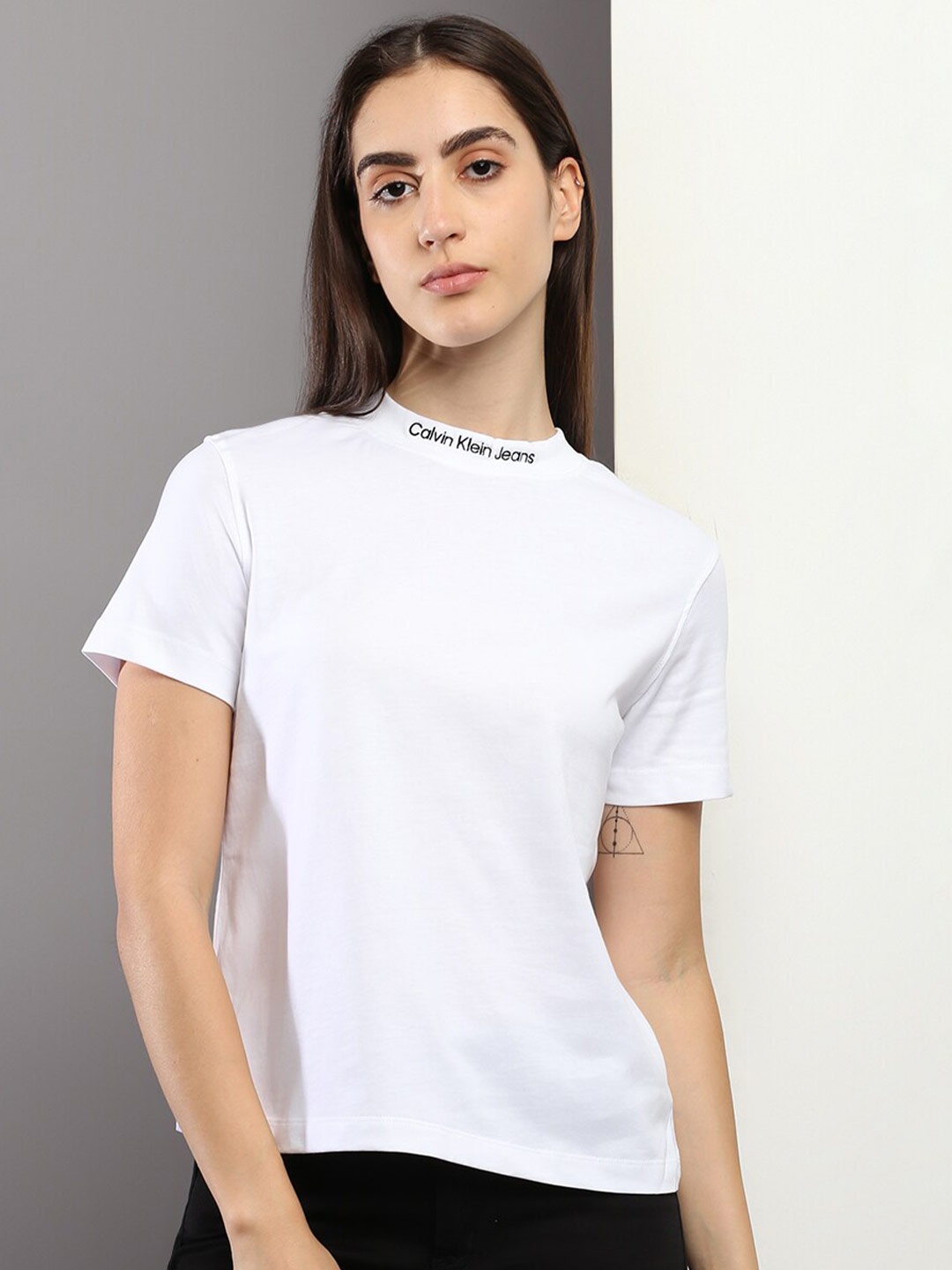 

Calvin Klein Jeans Typography Printed Short Sleeve High Neck T-shirt, White