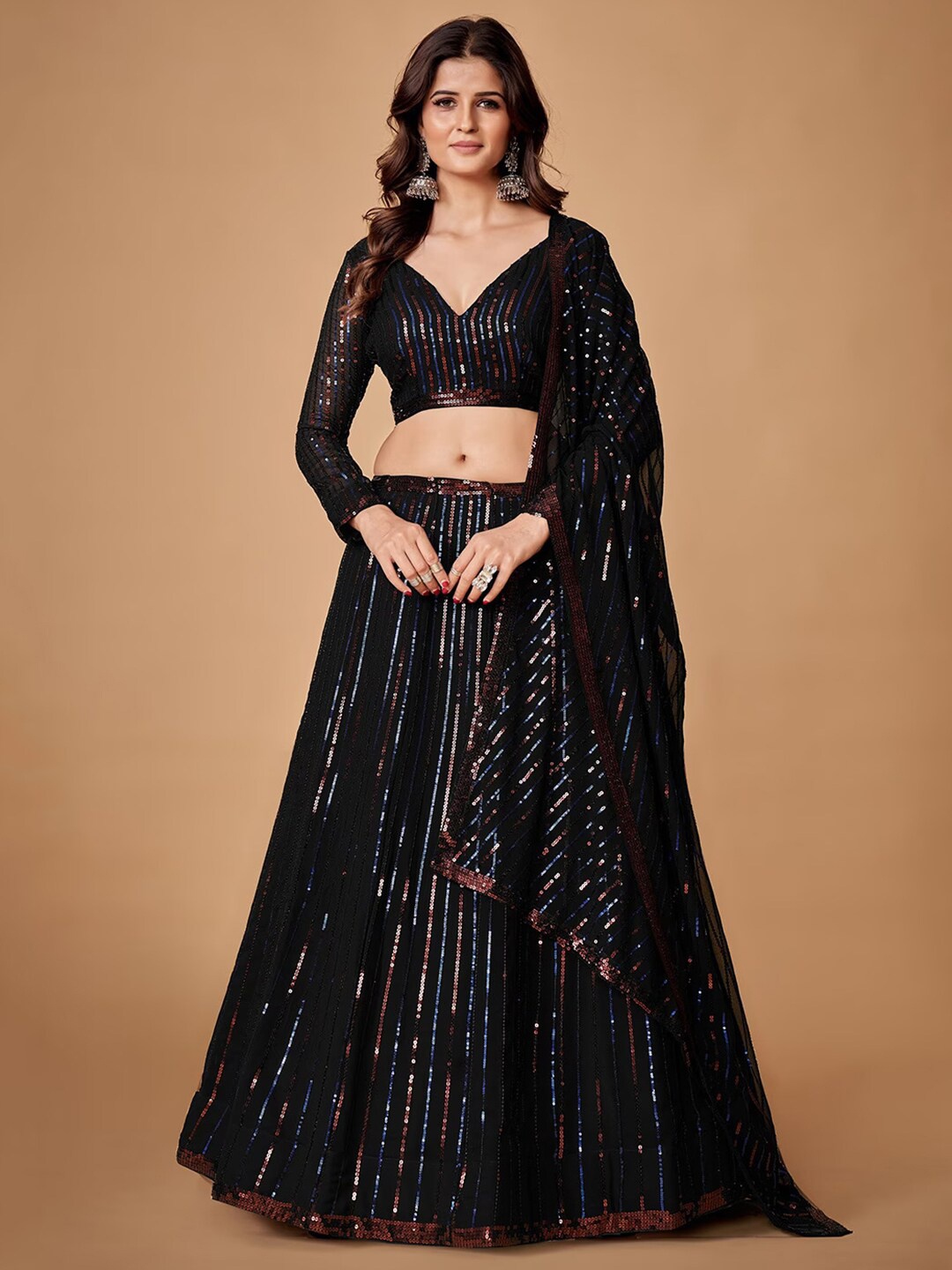 

FABPIXEL Sequin Embellished Semi-Stitched Lehenga & Unstitched Blouse With Dupatta, Black