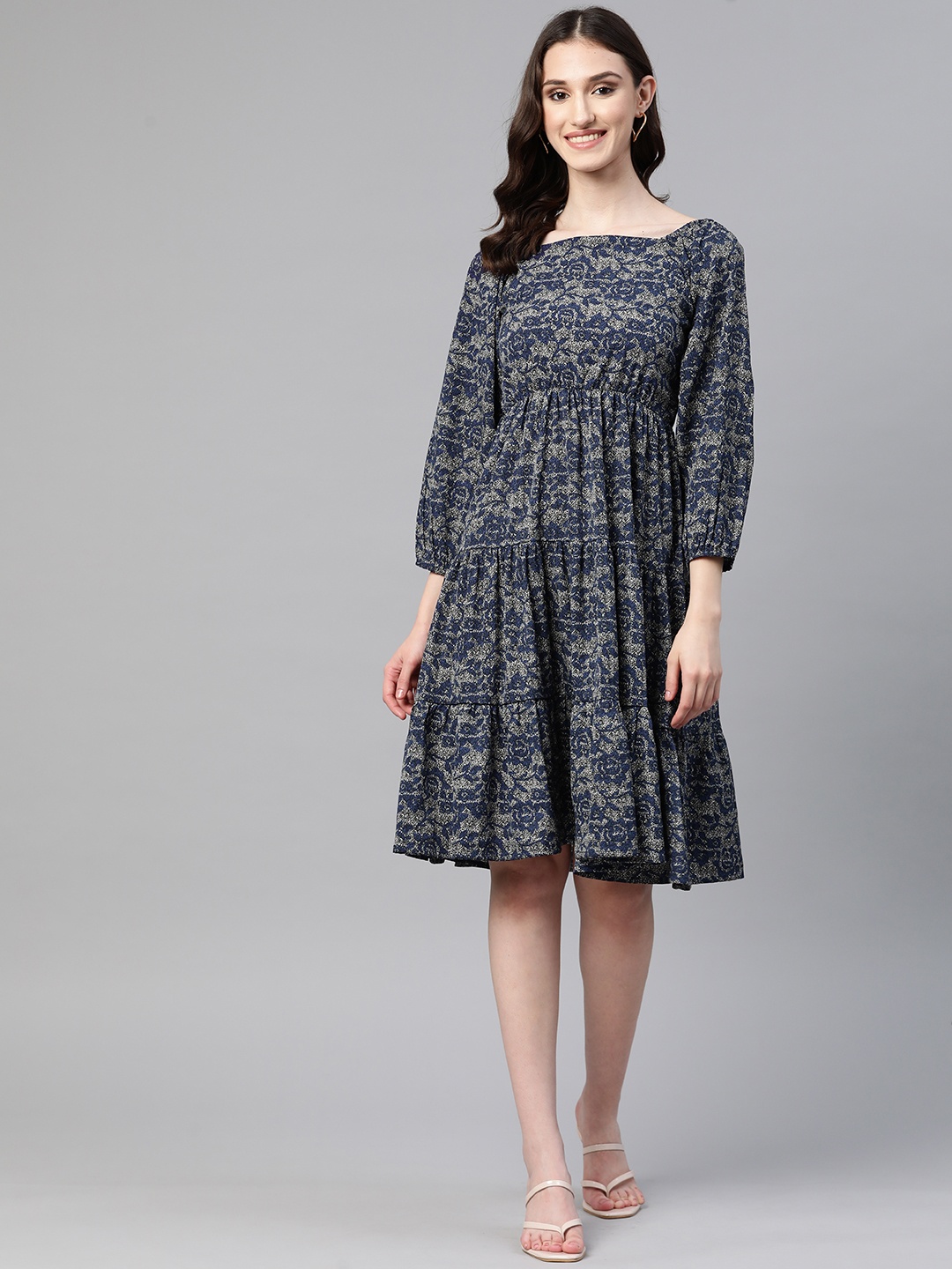 

Cottinfab Printed Square Neck Puff Sleeves Crepe Dress With Tie-Ups Detail, Navy blue