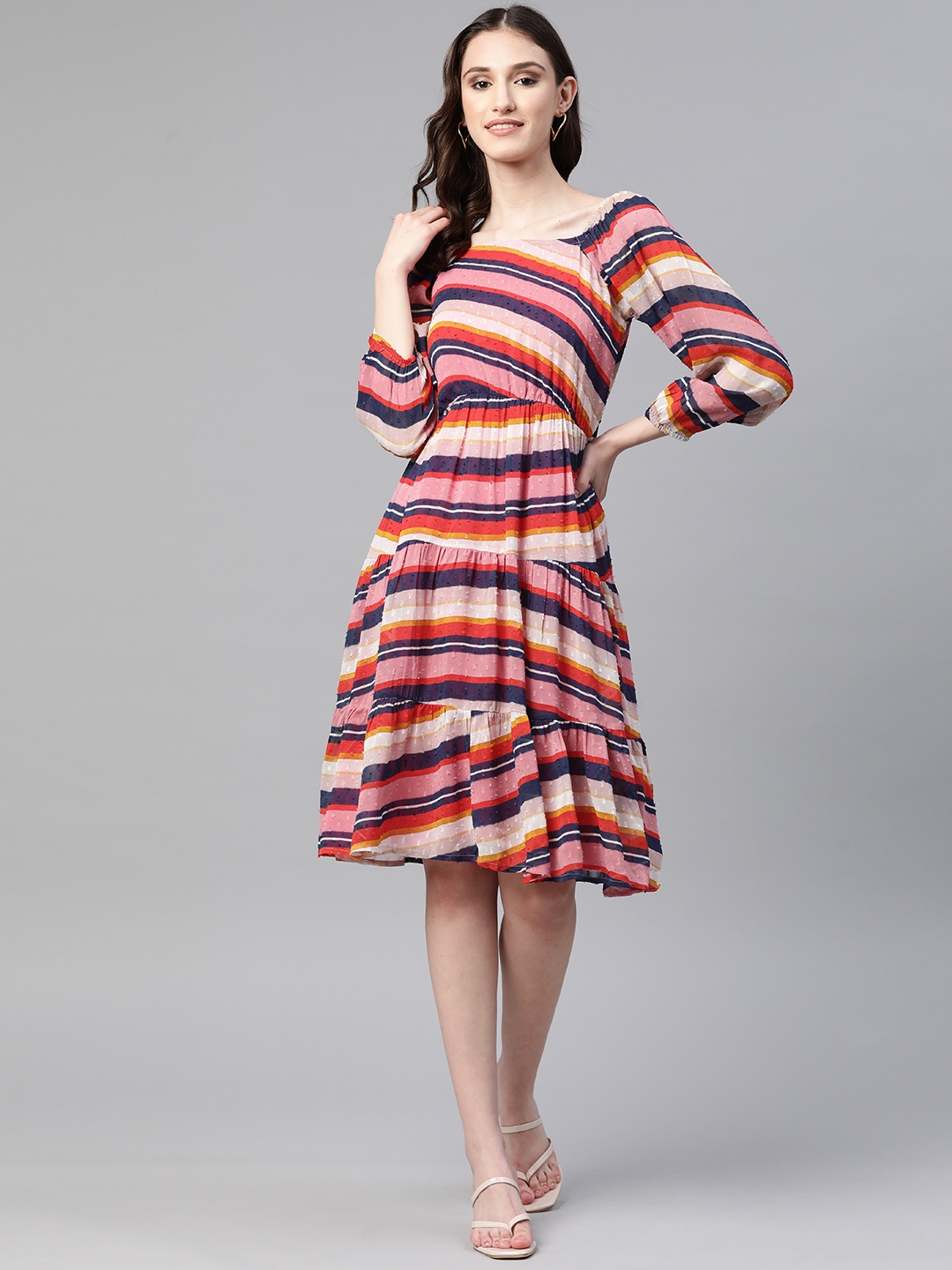 

Cottinfab Striped Puff Sleeves Georgette Dress With Tie-Ups Detail, Pink